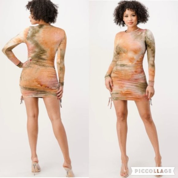 Ruched Drawstring Knot Tie Dye Bodycon Dress
